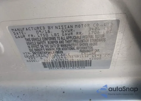 2019 Nissan Versa 1.6 Sv from USA, damaged, VIN 3N1CN7AP3KL819628